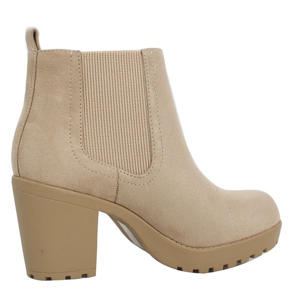 Light Wheat Faux Suede Chelsea Round Toe Lug Ankle Bootie - Picture 4 of 6